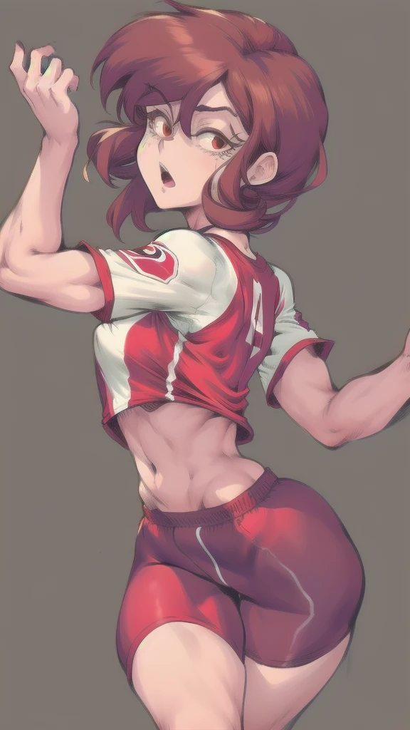 Full body image of Lynn Loud from The Loud House, full body in image, wearing her original outfit (red jersey, red shorts, red and white sneakers), short brown hair, female body, athletic and fit body, dynamic pose, detailed pose, simple background, expressive face showing determination, focus on face, line art, sketch