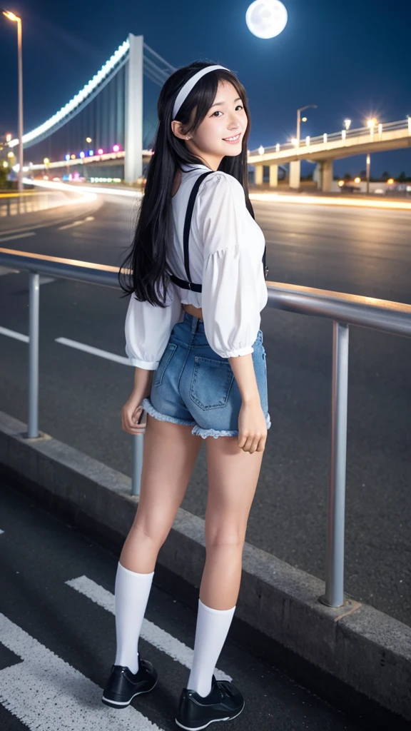 Japanese, high school girl, pure, idol, smiling, young face, long straight black hair, white hairband, short-sleeved white blouse with shoulder straps, blue denim shorts, black stockings, blue shoes, standing on an overpass, background of the Bay Bridge, seaside park, street lights, full moon night, starry night, nostalgic scenery, gravure photo shoot, resort island, looking back, turning one's back