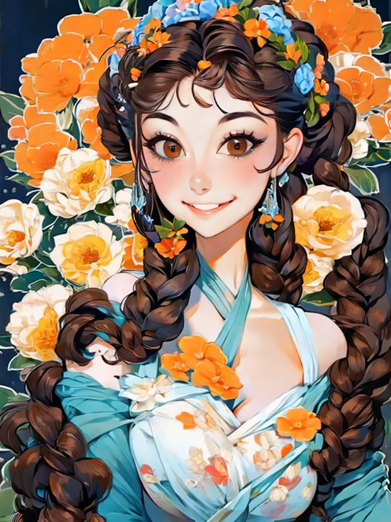 lady with flowers on her head is an acrylic painting, in the style of lucy glendinning, tony diterlizzi, organic and naturalistic compositions, floral explosions, ferris plock, light orange and brown, serene faces --ar 3:4 -