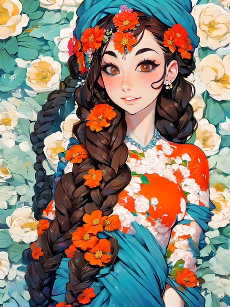 lady with flowers on her head is an acrylic painting, in the style of lucy glendinning, tony diterlizzi, organic and naturalistic compositions, floral explosions, ferris plock, light orange and brown, serene faces --ar 3:4 -