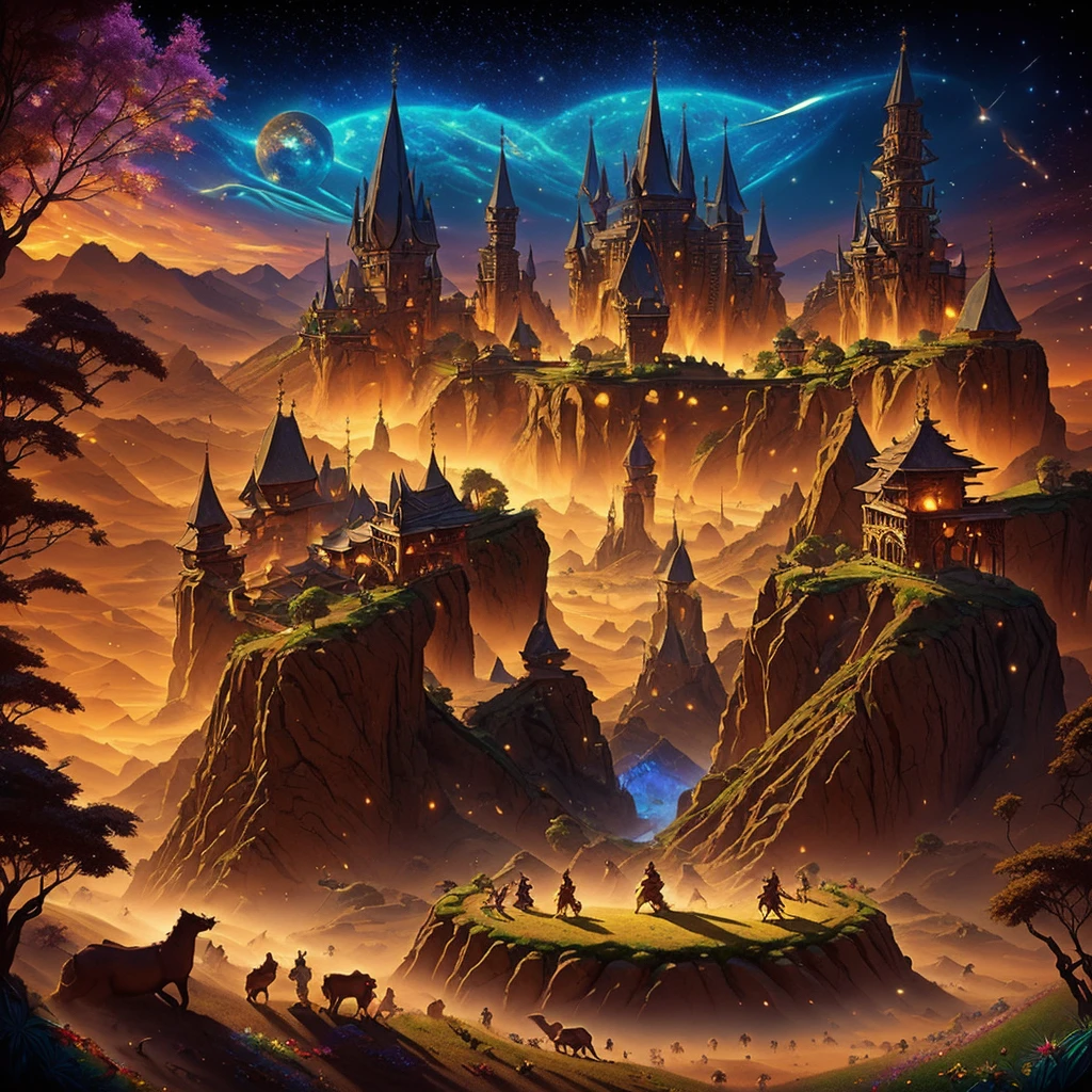 fantasy theme, festival in a medieval kingdom with small cutes mystical creatures dancing in the foreground. The atmosphere should be epic and mysterious, evoking a sense of adventure and magic.