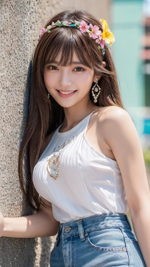Eat pancakes,Flat Chest、(Slim body)、((Slim body))、Long Hair,Straight Bangs,Embarrassing,masterpiece,diamond、Earrings,background of fantasy,(((Brown Hair)))、 hair ornaments,Headband,A town of colorful wall art、Kakaako、Everlasting summer、White shirt and denim hot pants、Hawaii、 Highest quality, High resolution, unity 8k wallpaper, (shape:0.8), (Beautiful details:1.6), Highly detailed face, Sing happily、looking at the camera、laugh、smile、whole body、Long legs