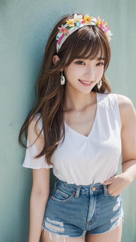Eat pancakes,Flat Chest、(Slim body)、((Slim body))、Long Hair,Straight Bangs,Embarrassing,masterpiece,diamond、Earrings,background of fantasy,(((Brown Hair)))、 hair ornaments,Headband,A town of colorful wall art、Kakaako、Everlasting summer、White shirt and denim hot pants、Hawaii、 Highest quality, High resolution, unity 8k wallpaper, (shape:0.8), (Beautiful details:1.6), Highly detailed face, Sing happily、looking at the camera、laugh、smile、whole body、Long legs
