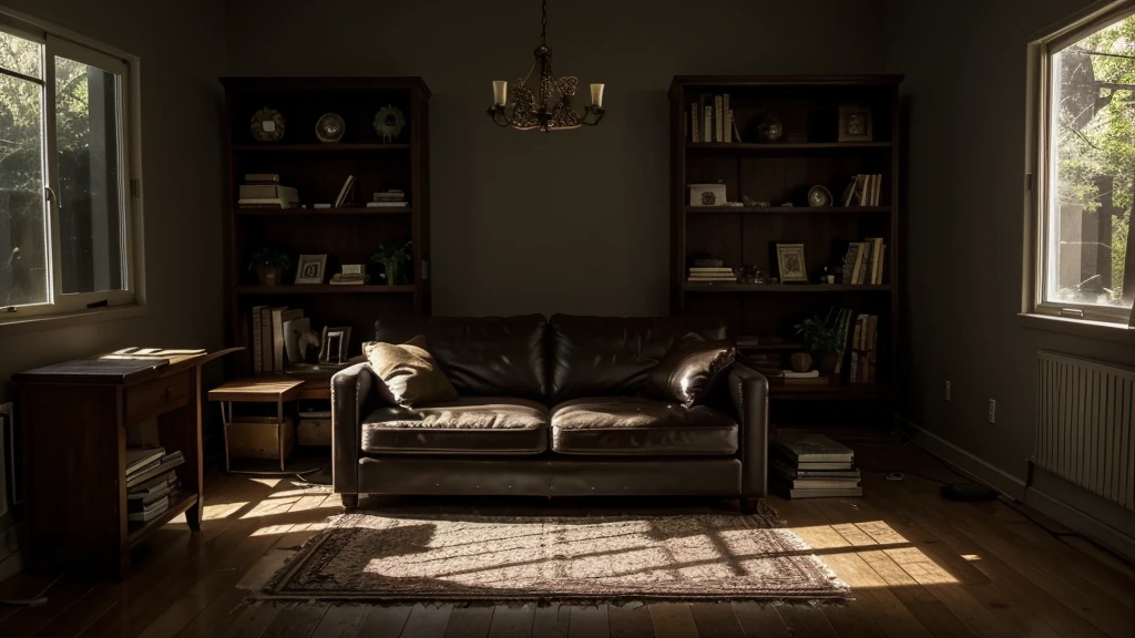 Prompt: The lights go out, there's a power failure, and you can't see anything. You stumble through the living room and drop your keys.
The setting is the same cozy living room with warm lighting, now completely dark.
You are moving through the room, unable to see due to the power outage.
The keys have fallen from your right hand and are now on the floor.
The background includes the sofa with decorative pillows and the bookshelf, but everything is shrouded in darkness.
No faces are visible in the image.