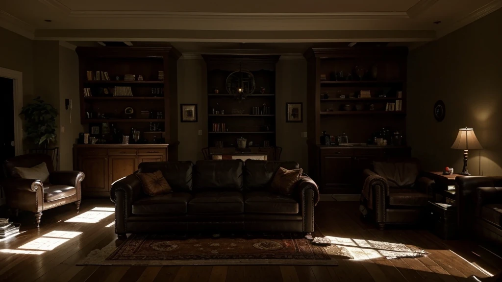 Prompt: The lights go out, there's a power failure, and you can't see anything. You stumble through the living room and drop your keys.
The setting is the same cozy living room with warm lighting, now completely dark.
You are moving through the room, unable to see due to the power outage.
The keys have fallen from your right hand and are now on the floor.
The background includes the sofa with decorative pillows and the bookshelf, but everything is shrouded in darkness.
No faces are visible in the image.