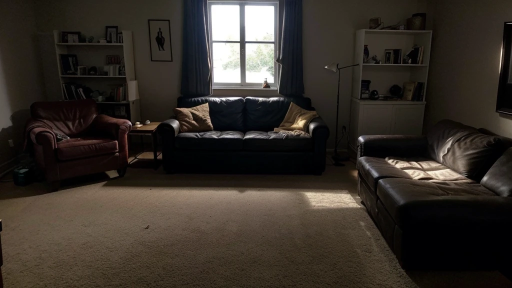 Prompt: The lights go out, there's a power failure, and you can't see anything. You stumble through the living room and drop your keys.
The setting is the same cozy living room with warm lighting, now completely dark.
You are moving through the room, unable to see due to the power outage.
The keys have fallen from your right hand and are now on the floor.
The background includes the sofa with decorative pillows and the bookshelf, but everything is shrouded in darkness.
No faces are visible in the image.