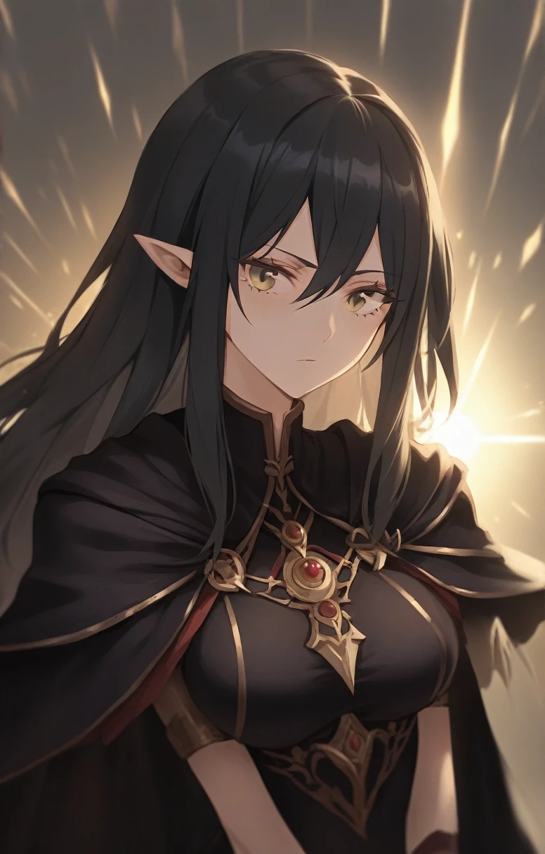 half elf, mature woman, dnd, adventurer, black cloak, elegant, long black hair, sun light, bust shot