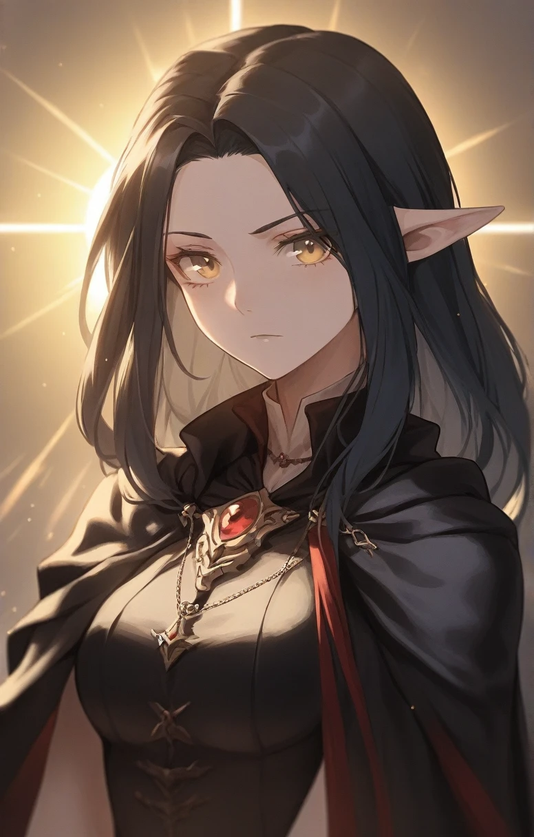 half elf, mature woman, dnd, adventurer, black cloak, elegant, long black hair, sun light, bust shot