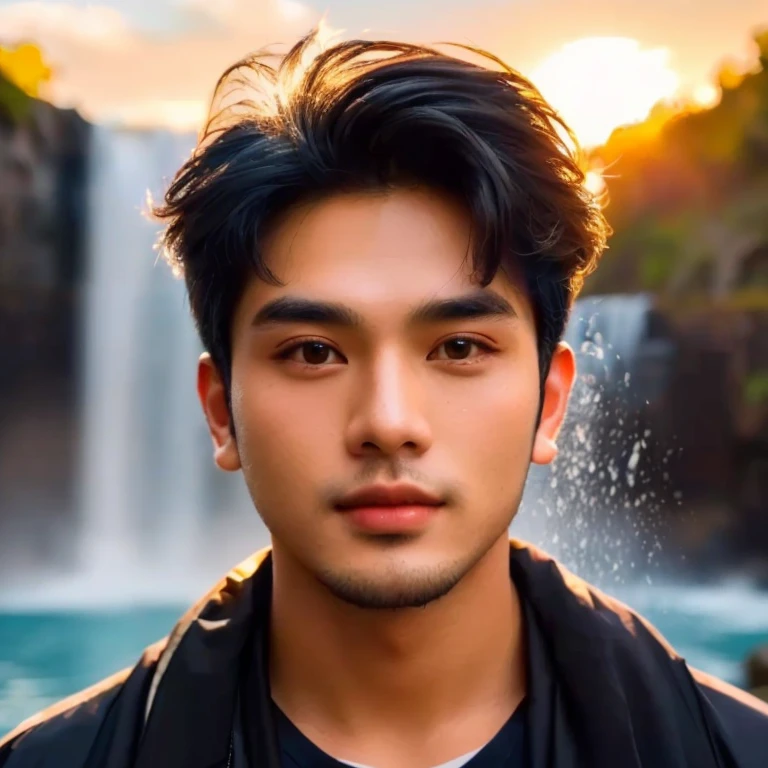 A Southeast Asian man with a round face., Double eyelids, big eyes, black eyes, Standing wearing a necklace in front of a waterfall, high quality vertical, Headshot profile picture, Charming and good looking, There is a waterfall., รูปProfile pictureรูปภาพแนวตั้ง, waterfall in the background, beautiful young man, There is a waterfall., Handsome and charming, Profile picture, handsome man, Aykut Aydodu, cute young man, Waterfall backdrop