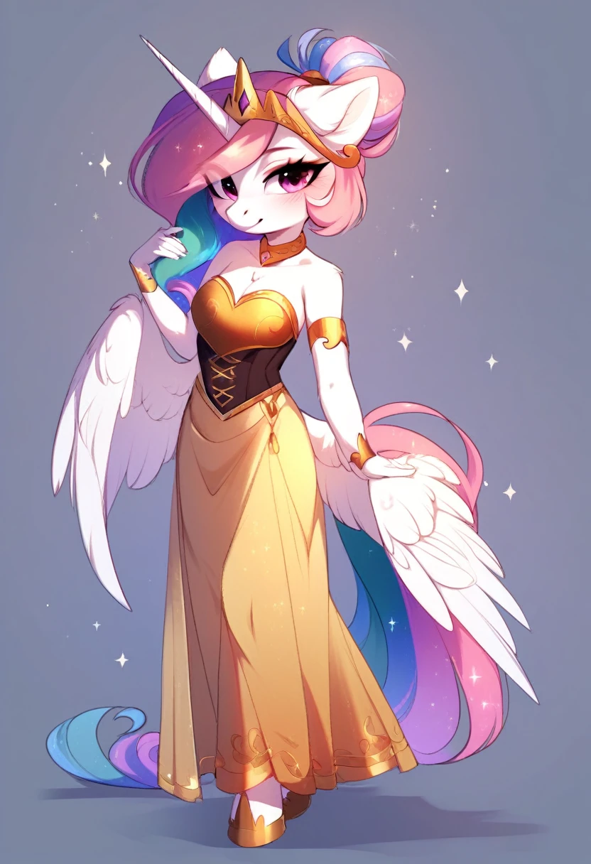 check_9, check_8_up, check_7_up, source_fluffy, rating_safe, from Magnaluna, Celestia poses seductively in a white bedroom, hair bun with bangs, pink eyes, white body, anthro, blushing, wearing white and gold tight skirt, full body
