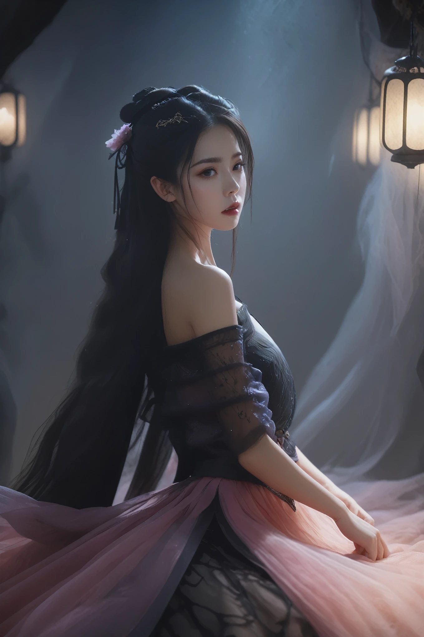 Ultra HD, 8K, Extremely detailed, Photos of Dark Fantasy Art, Girl in tulle skirt,making eye contact, dark, Moody, dark fantasy style, Beautiful Lights, great composition