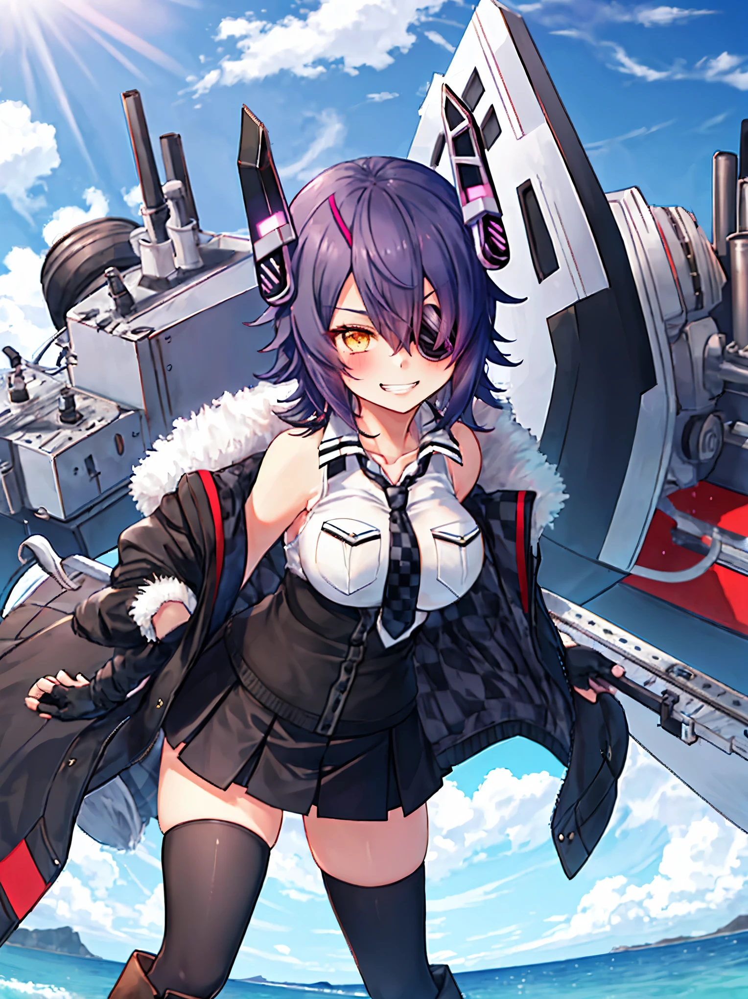 best quality, masterpiece, solo, {tenryuu_kantaicollection:1.15}, _girl, eyepatch, short_hair, purple_hair, yellow_eyes, headgear, breasts, necktie, large_breasts, smile, 1girl, blush, checkered_necktie, hair_over_one_eye, shirt, collared_shirt, white_shirt, jacket, sleeveless, brown_eyes, fur-trimmed_jacket, fur_trim, collarbone, looking_at_viewer, pocket, breast_pocket, grin, black_jacket, messy_hair, black_gloves, gloves, partially_fingerless_gloves,harbor_town_background,short_skirt,thigh-highs,boots,sea,sunlight,