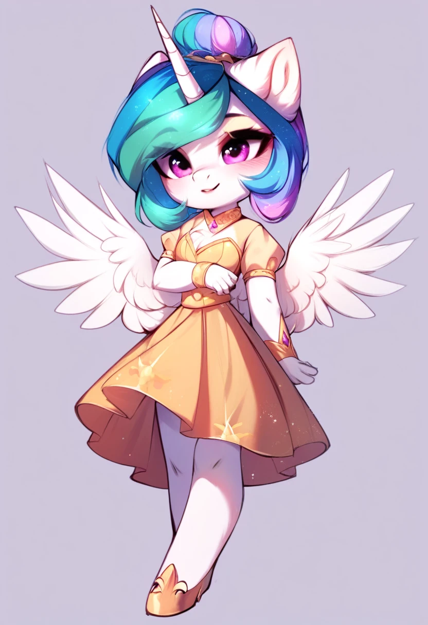 check_9, check_8_up, check_7_up, source_fluffy, rating_safe, from Magnaluna, Celestia poses seductively in a white bedroom, hair bun with bangs, pink eyes, white body, anthro, blushing, wearing white and gold tight skirt, full body