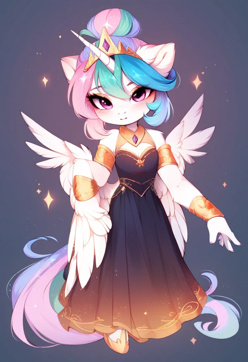 check_9, check_8_up, check_7_up, source_fluffy, rating_safe, from Magnaluna, Celestia poses seductively in a white bedroom, hair bun with bangs, pink eyes, white body, anthro, blushing, wearing white and gold tight skirt, full body