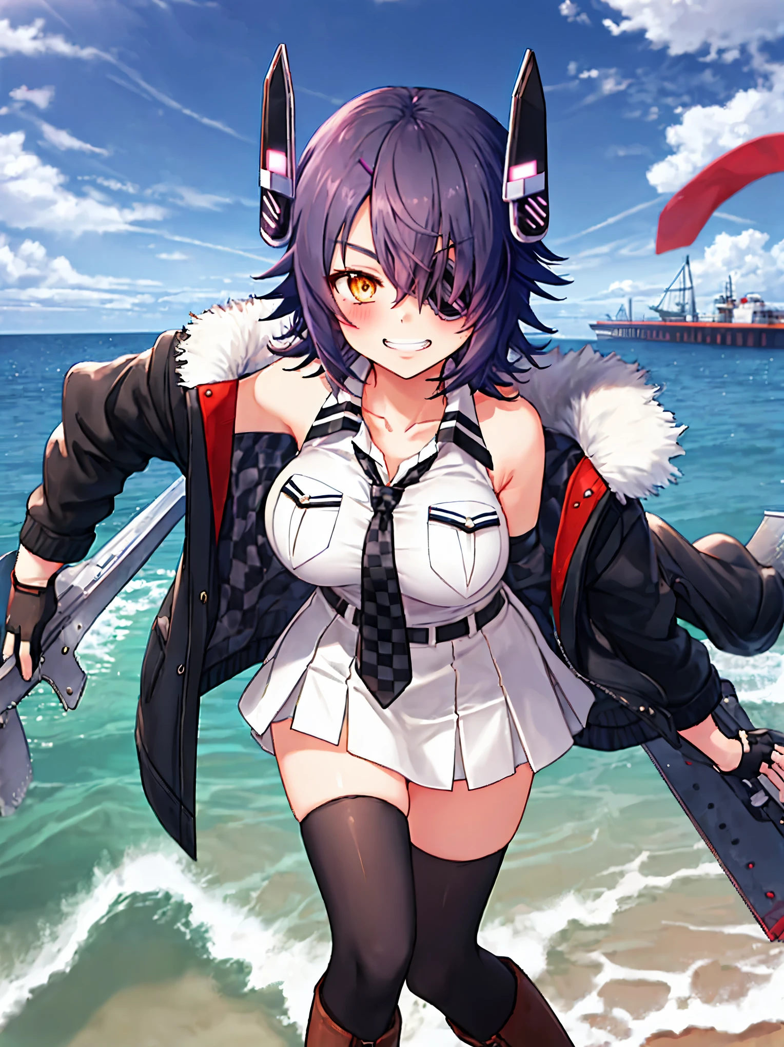 best quality, masterpiece, solo, {tenryuu_kantaicollection:1.15}, _girl, eyepatch, short_hair, purple_hair, yellow_eyes, headgear, breasts, necktie, large_breasts, smile, 1girl, blush, checkered_necktie, hair_over_one_eye, shirt, collared_shirt, white_shirt, jacket, sleeveless, brown_eyes, fur-trimmed_jacket, fur_trim, collarbone, looking_at_viewer, pocket, breast_pocket, grin, black_jacket, messy_hair, black_gloves, gloves, partially_fingerless_gloves,harbor_town_background,short_skirt,thigh-highs,boots,sea,sunlight,