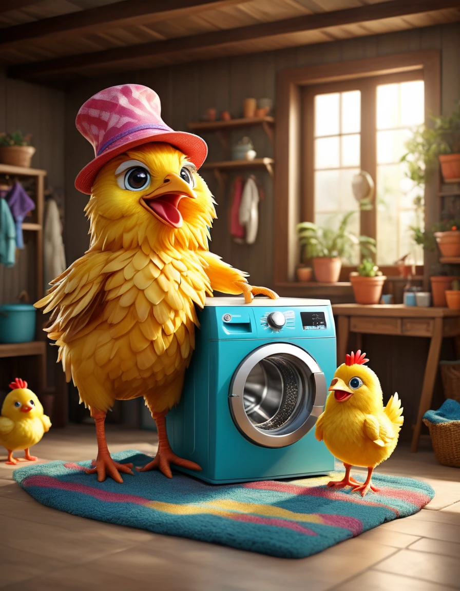 (design of character），Washing clothes with enthusiasm and joy while standing in front of a sun, anthropomorphic washing machine，wear a sun hat, Mattresses are chickens, smiling, big shiny eyes, Fantastic，Eccentric，similar to a fairy tale, super detailing, pixel style, vibrant with colors, soft natural light, solid color backdrop, 5-octane rendering, a gorgeous, Ultra Wide Angle, 8k, high realism, 8k