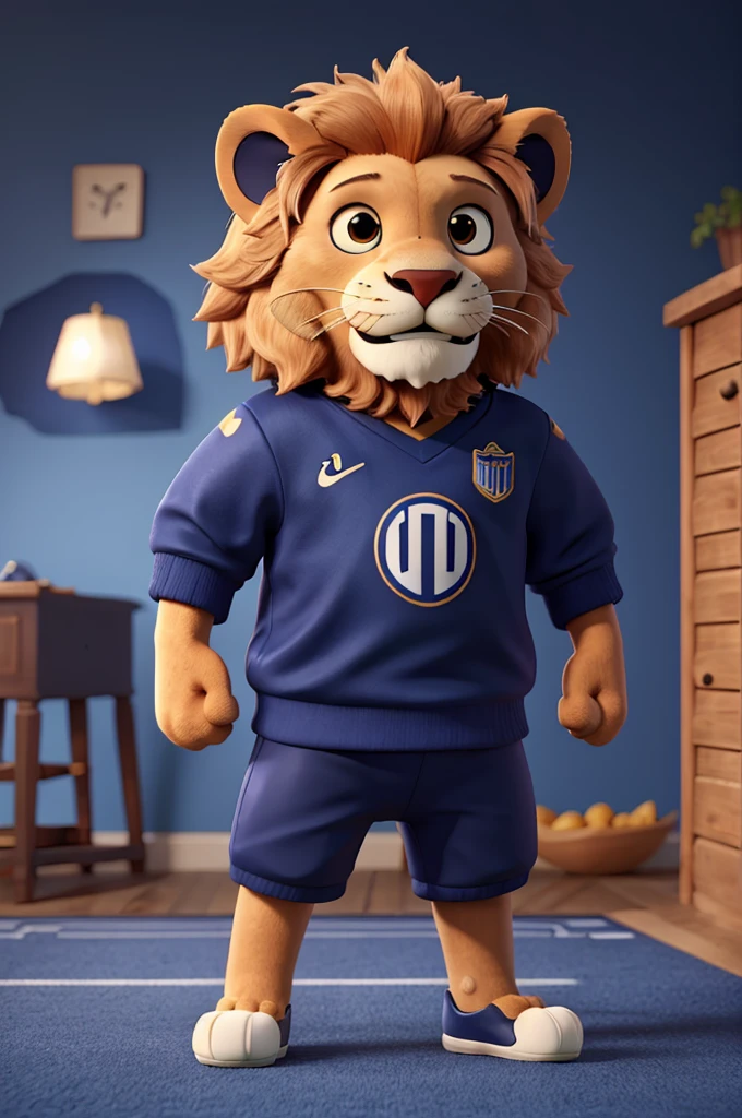 Happy lion standing in navy blue football outfit