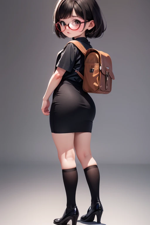 masterpiece, highest quality, Official Art, 8k wallpaper, Very detailed, figure, Small 1 person girl cute, with cute makeup, black Hair, Wide Hips, Big Ass, Round ass, wear high heels, wear short black t-shirt , with black glasses, Tight pencil skirt, school girl Backpack, Are standing, From the back, From the back, face surprised.