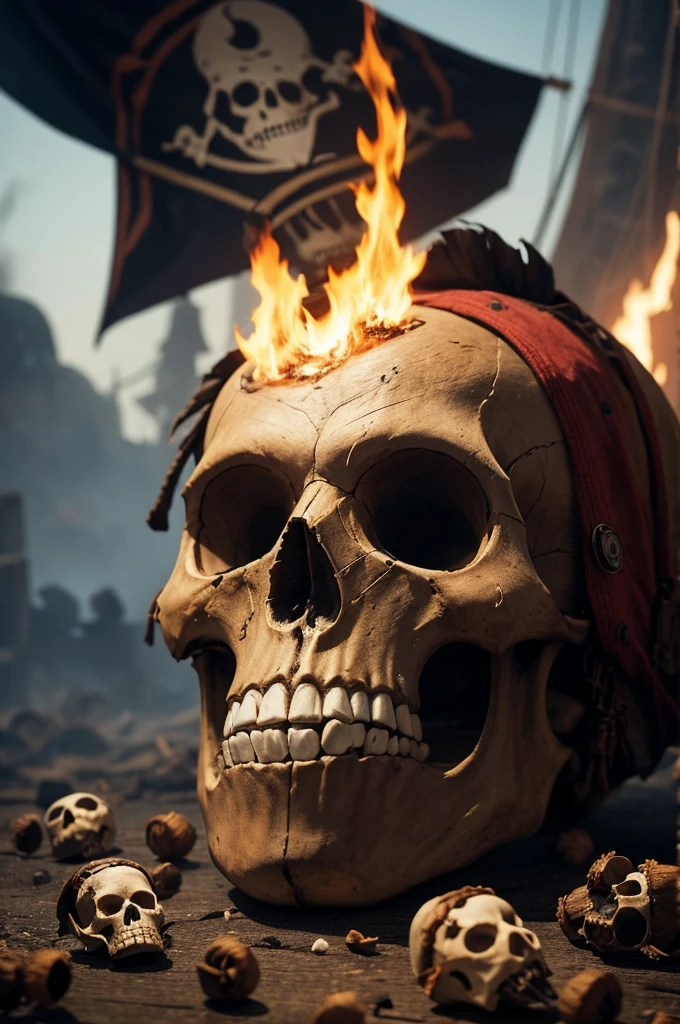 An image of a pirate skull with three burnt popcorns in front of it