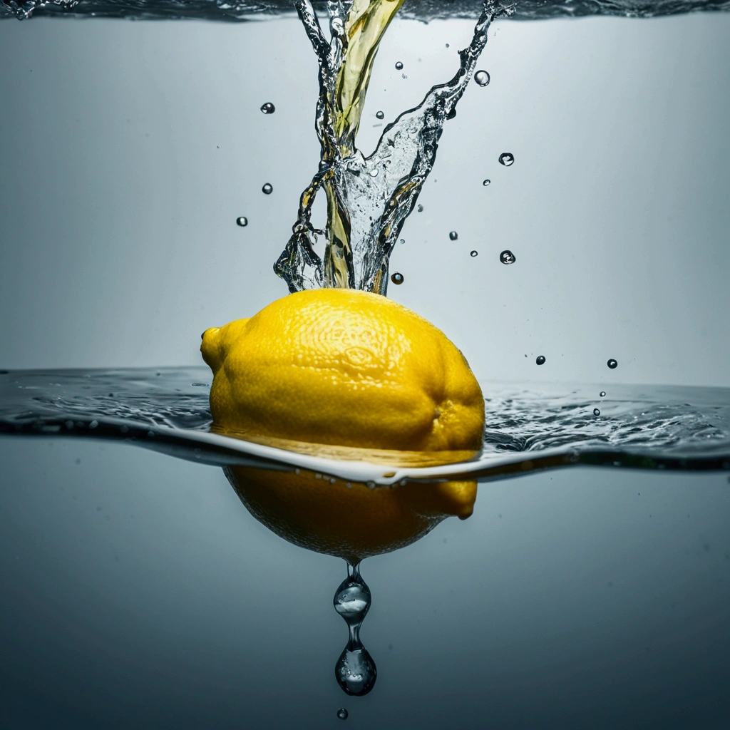 Product photo of 5 lemon falling into the water, Drippy, Splash clear liquid, water bloom, dynamic compositions. (master part) (melhor qualidade) (circunstanciado) (Cinematic lighting) (foco nítido) (intrincado), master part, melhor qualidade, ultra-high resolution, 8k UHD ,olhos detalhados_Xl, Detalhador Furtástico, High detail, Close-up,oto RAW cinematic，foto ultra real，Ultra foto Realsisim，Digital SLR，soft lighting