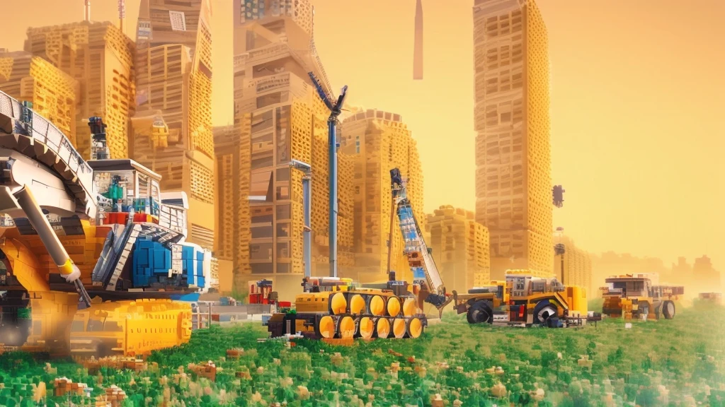 LEGO, peças de LEGO, LEGO contruções, there are many construction equipment that are on the grass, construction, construction yard, construction site, groundbreaking, Realistic Scene, 2 0 2 2 photo, robot in construction, photo rendering, um hyperrealisti, publicity photo, transportation design rendering, Digital rendering, muita construction, big tubes, hyperrealisti, hyperrealisti, highly photographic rendering