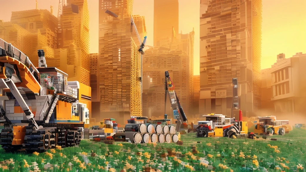 LEGO, peças de LEGO, LEGO contruções, there are many construction equipment that are on the grass, construction, construction yard, construction site, groundbreaking, Realistic Scene, 2 0 2 2 photo, robot in construction, photo rendering, um hyperrealisti, publicity photo, transportation design rendering, Digital rendering, muita construction, big tubes, hyperrealisti, hyperrealisti, highly photographic rendering