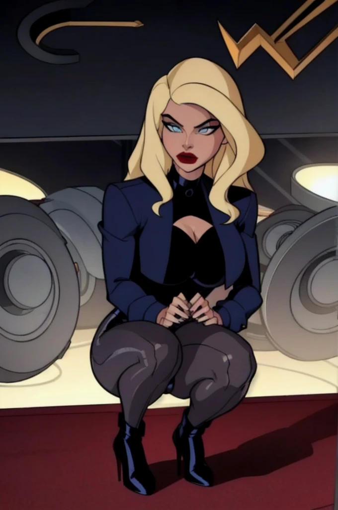 (Black_Canary_JLU:1.2), blonde hair, blue eyes, red lips, body suit, black pantyhose, black choker, cropped jacket, egg laying, birth egg, squatting