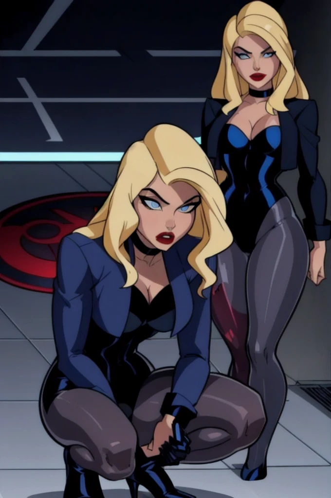 (Black_Canary_JLU:1.2), blonde hair, blue eyes, red lips, body suit, black pantyhose, black choker, cropped jacket, egg laying, birth egg, squatting