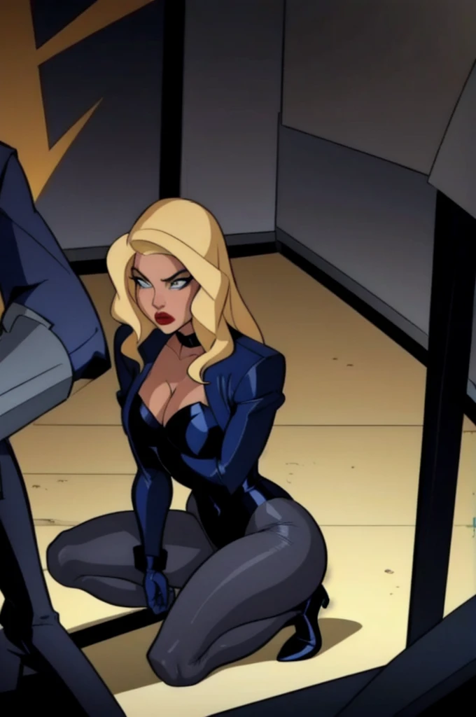 (Black_Canary_JLU:1.2), blonde hair, blue eyes, red lips, body suit, black pantyhose, black choker, cropped jacket, egg laying, birth egg, squatting