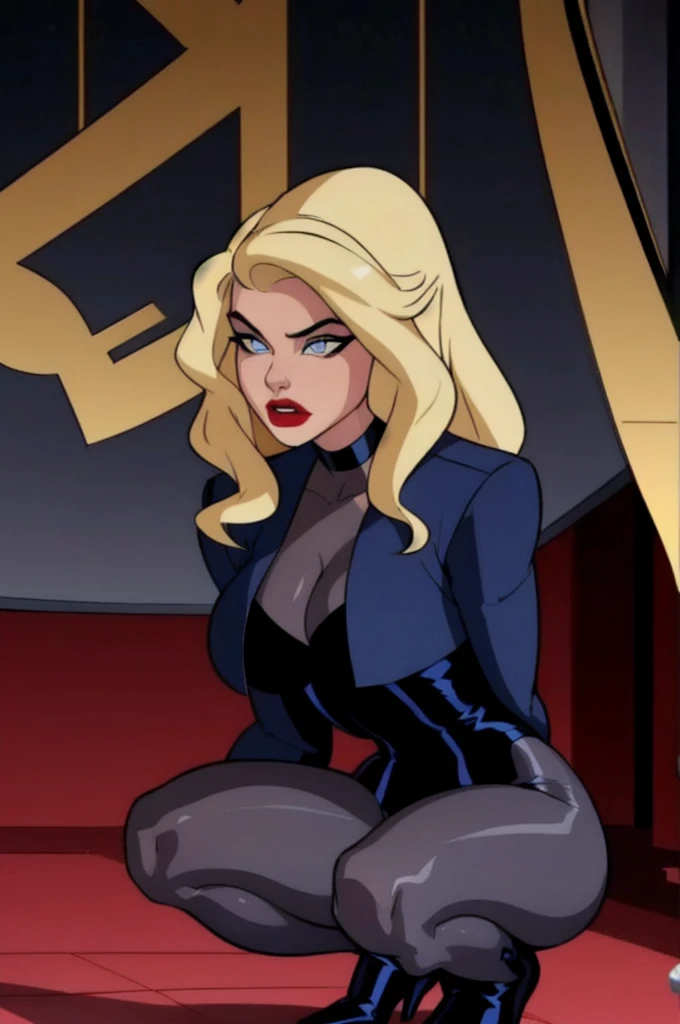 (Black_Canary_JLU:1.2), blonde hair, blue eyes, red lips, body suit, black pantyhose, black choker, cropped jacket, egg laying, birth egg, squatting