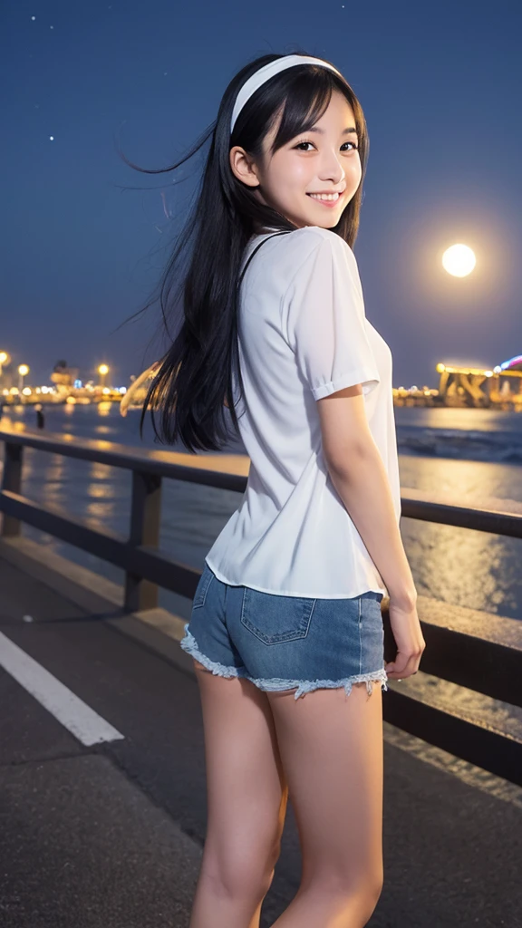 Japanese, high school girl, pure, idol, smiling, young face, long straight black hair, white hairband, short-sleeved white blouse with shoulder straps, blue denim shorts, black stockings, blue shoes, standing on an overpass, background of the Bay Bridge, seaside park, street lights, full moon night, starry night, nostalgic scenery, gravure photo shoot, resort island, looking back, turning one&#39;s back
