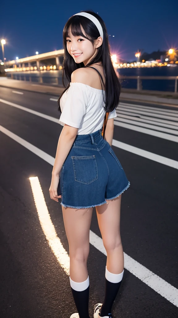 Japanese, high school girl, pure, idol, smiling, young face, long straight black hair, white hairband, short-sleeved white blouse with shoulder straps, blue denim shorts, black stockings, blue shoes, standing on an overpass, background of the Bay Bridge, seaside park, street lights, full moon night, starry night, nostalgic scenery, gravure photo shoot, resort island, looking back, turning one&#39;s back
