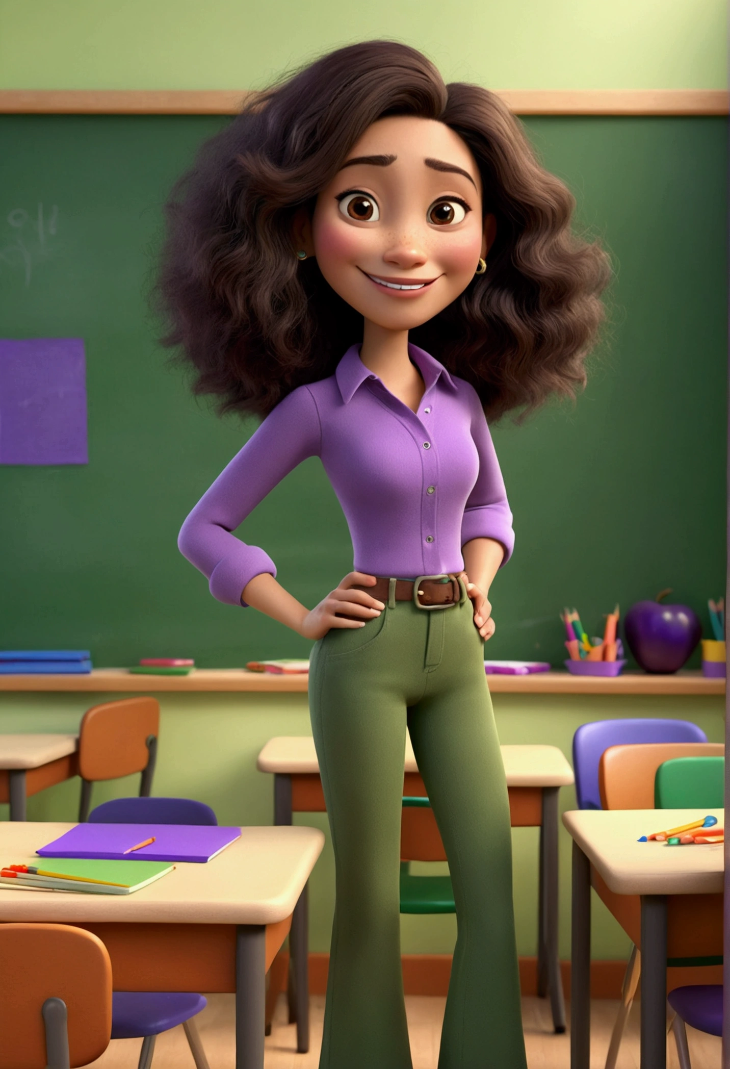 3D pixar style cartel. 36 year old woman, with light skin, long smooth black fur, Brown eyes, beige long sleeve shirt, dark green long pants , the woman is a teacher who is happy, standing in a green and purple classroom, there are 3 violets