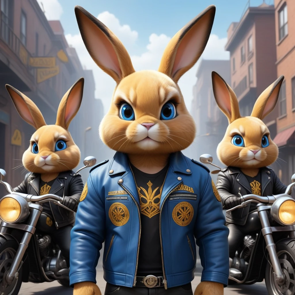 cartoon of (a tough rebel black golden bunny dressed as a gang of golden bikers, blue leather jacket, Mohican:2.5), looking ahead at viewer, Symmetrical, chromatic fantasy, highy detailed, 8k, digitalpainting, oil painting, illustration, conceptual artwork, sharp focus, volumetric lighting, epic composition, CG Society, golden art station
