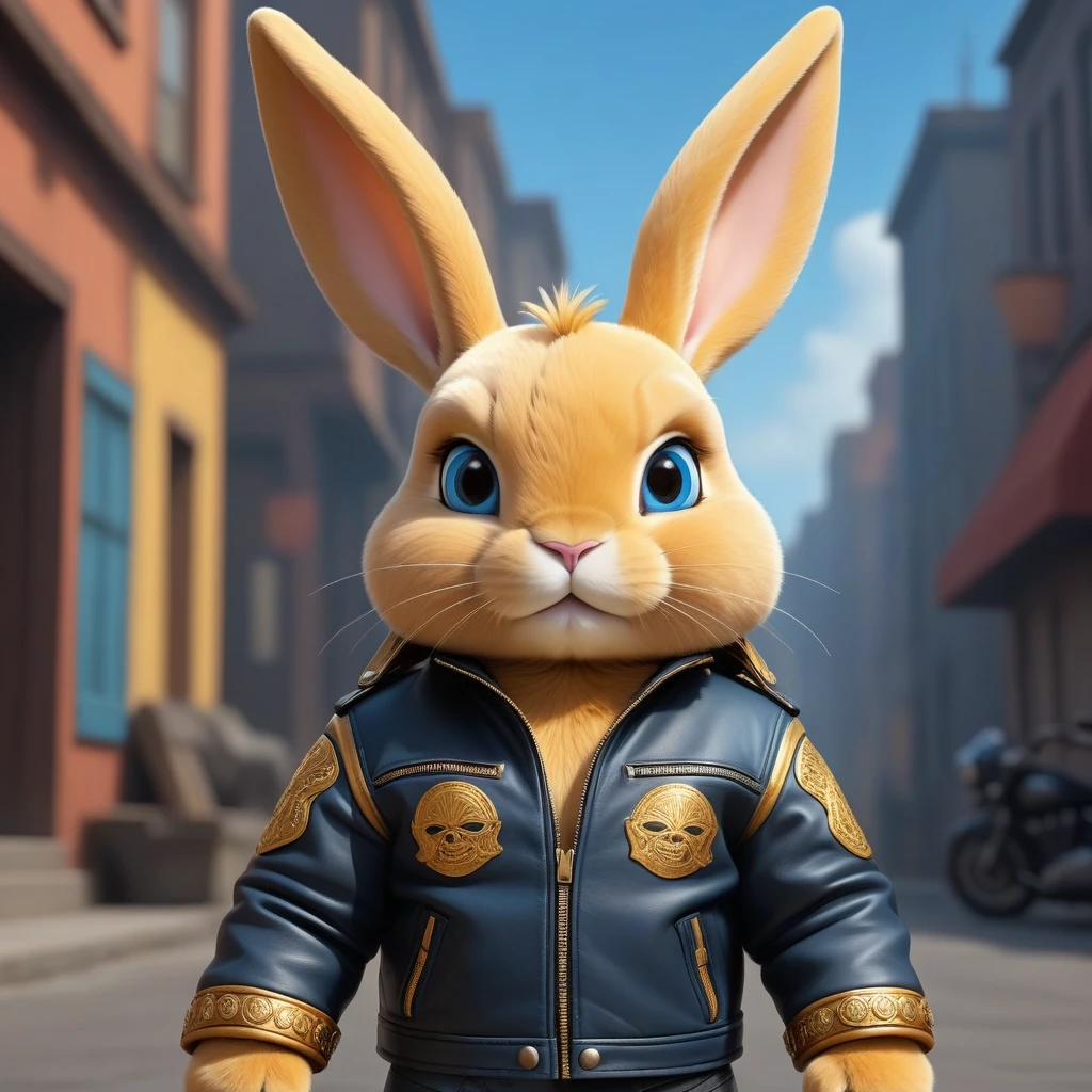 cartoon of (a tough rebel black golden bunny dressed as a gang of golden bikers, blue leather jacket, Mohican:2.5), looking ahead at viewer, Symmetrical, chromatic fantasy, highy detailed, 8k, digitalpainting, oil painting, illustration, conceptual artwork, sharp focus, volumetric lighting, epic composition, CG Society, golden art station
