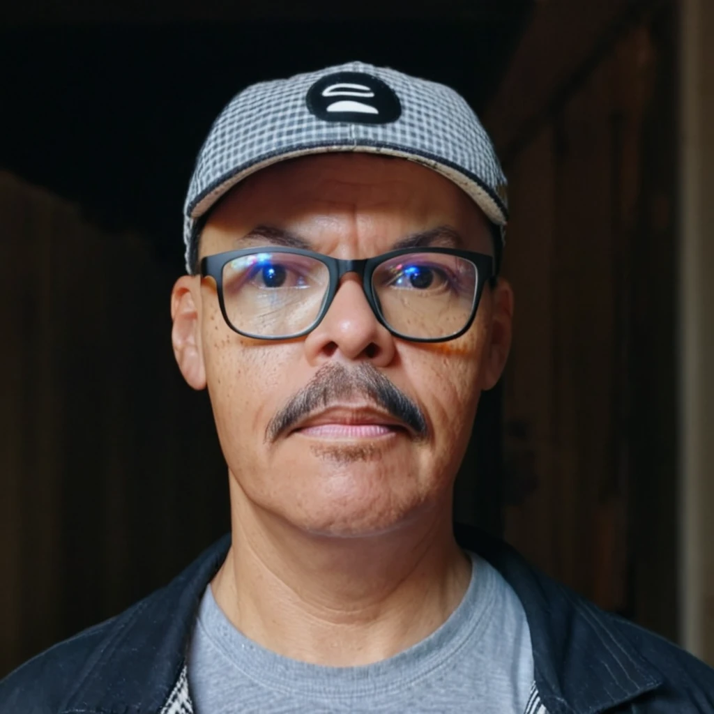 "RAW portrait up to the shoulders of a man wearing glasses, with a mustache, black eyes, and short black hair cut in a fade style. He is dressed in a plaid shirt with a white t-shirt underneath and a trucker cap. The background is bokeh with Rembrandt lighting."