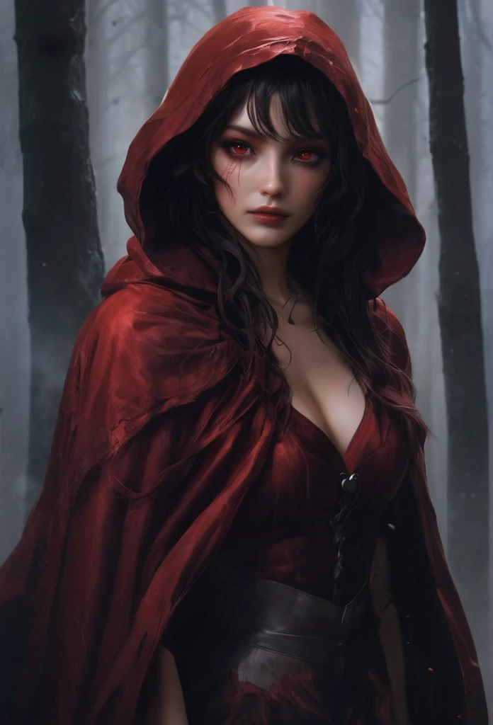 (Highest quality,4K,High resolution,masterpiece:1.2),Super detailed,Realistic:1.37,Portraiture,Dark fantasy,Red color scheme,Soft lighting,Emotional,Enchanted Forest,Ominous atmosphere,Eye-catching,Storytelling,anatomy,Anime Style,Concept Art,Beautiful detailed face and (((Red eyes ))),Flowing Hair,emotional expression,Jewelry made with attention to detail,A cape with an intricate pattern,Strong gaze,Cape with feather detailing,Subtle Shadows, voluptuous, Sexy Woman, big tits, A magnificent composition,Mysterious Background,Natural elements,Moonlit Night,wood々The wind blowing between,Eerie presence,Revealing character strengths and weaknesses,A striking contrast between the red cape and its surroundings,Fascinating story,Rich texture,Depth and Dimension,Highlight the charm and resilience of your characters. (((Little Red Riding Hood))), (Blood splatter:1.3)