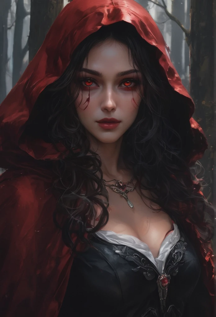 (Highest quality,4K,High resolution,masterpiece:1.2),Super detailed,Realistic:1.37,Portraiture,Dark fantasy,Red color scheme,Soft lighting,Emotional,Enchanted Forest,Ominous atmosphere,Eye-catching,Storytelling,anatomy,Anime Style,Concept Art,Beautiful detailed face and (((Red eyes ))),Flowing Hair,emotional expression,Jewelry made with attention to detail,A cape with an intricate pattern,Strong gaze,Cape with feather detailing,Subtle Shadows, voluptuous, Sexy Woman, big tits, A magnificent composition,Mysterious Background,Natural elements,Moonlit Night,wood々The wind blowing between,Eerie presence,Revealing character strengths and weaknesses,A striking contrast between the red cape and its surroundings,Fascinating story,Rich texture,Depth and Dimension,Highlight the charm and resilience of your characters. (((Little Red Riding Hood))), (Blood splatter:1.3)