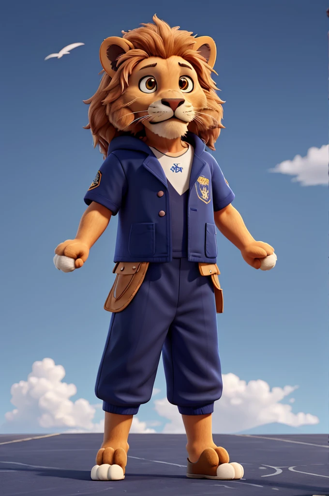 Happy lion standing in navy blue team outfit