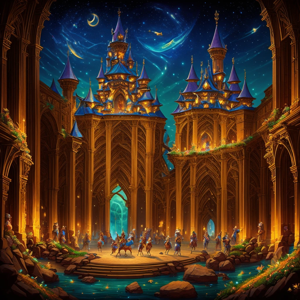 fantasy theme, festival in a medieval kingdom with small cutes mystical creatures dancing. The atmosphere should be epic and mysterious, evoking a sense of adventure and magic.