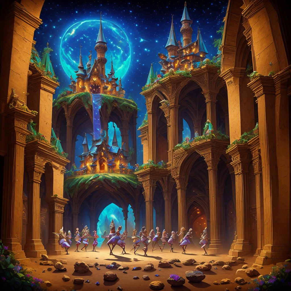 fantasy theme, festival in a medieval kingdom with small cutes mystical creatures dancing. The atmosphere should be epic and mysterious, evoking a sense of adventure and magic.