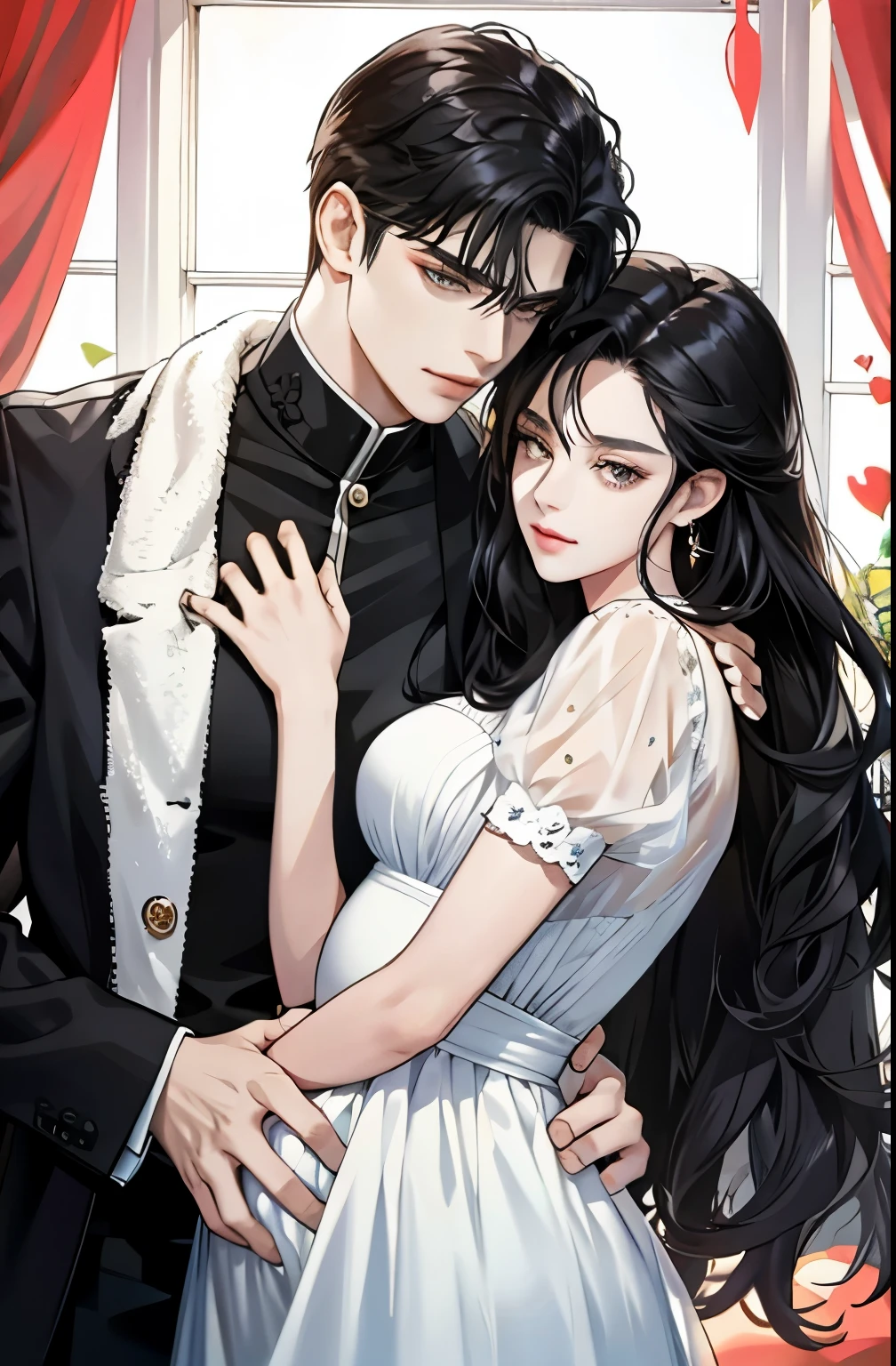 family, royal, elegant, good looking, kids, detailed, 4k, mom and dad, detailed eyes, pretty hair, handsome man, gorgeous woman, fine mom, hot dad, hot parents, mom with black hair, mom pregnant, man looking at woman with love, man hugging woman
