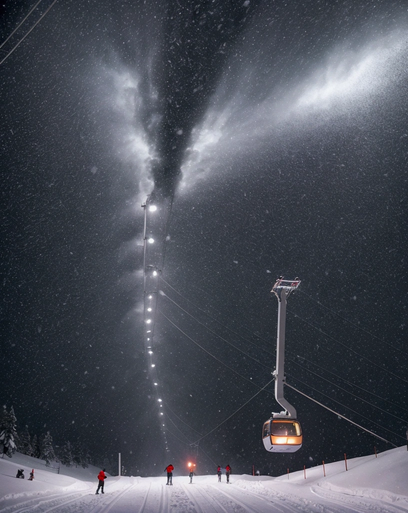 skiers are sitting In the snow on a ski lift, Blizzard ::5, in the middle of a blizzard, Blizzard, blizzard, during snowfall, blizzard in the mountains, snowing, In the snow, powder, snowstorm, snowfall at night, Trent Park, by Dan Frazier, buried in the snow at night, nicolas delort, snowfall