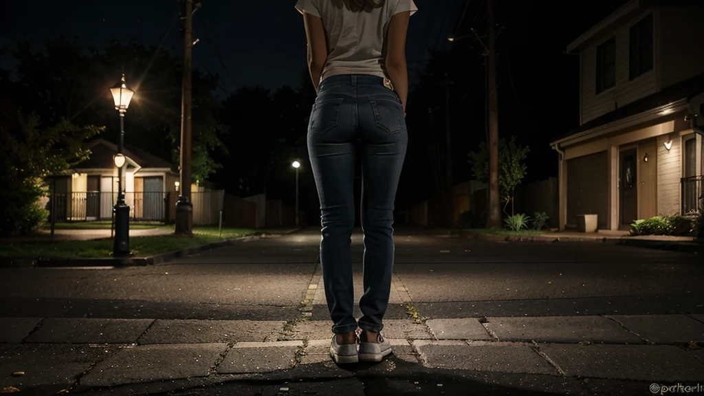 Prompt: Now, you are outside under the streetlight, searching and searching for your keys. Your neighbor approaches and asks, "What happened?"

The setting is now outside, under a streetlight.
You are still wearing the same light gray t-shirt and dark blue jeans.
You are bent over slightly, looking for your keys on the ground.
The streetlight casts a clear, bright light over the area where you are searching.
Your neighbor is approaching you, standing a few feet away, looking curious and concerned.
No faces are visible in the image.
