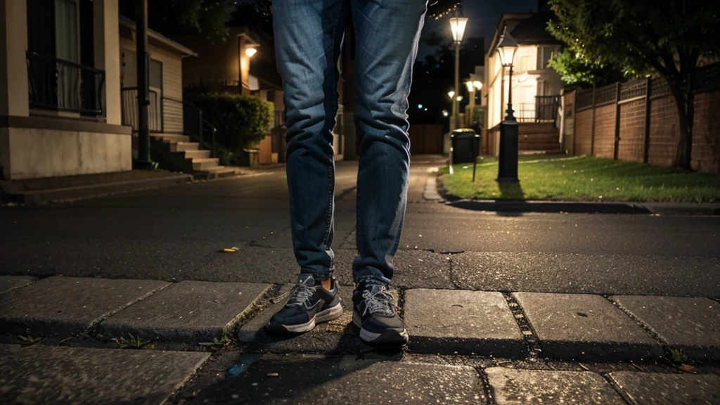 Prompt: Now, you are outside under the streetlight, searching and searching for your keys. Your neighbor approaches and asks, "What happened?"
The setting is now outside, under a streetlight.
You are still wearing the same light gray t-shirt and dark blue jeans.
You are bent over slightly, looking for your keys on the ground.
The streetlight casts a clear, bright light over the area where you are searching.
Your neighbor is approaching you, standing a few feet away, looking curious and concerned.
No faces are visible in the image.