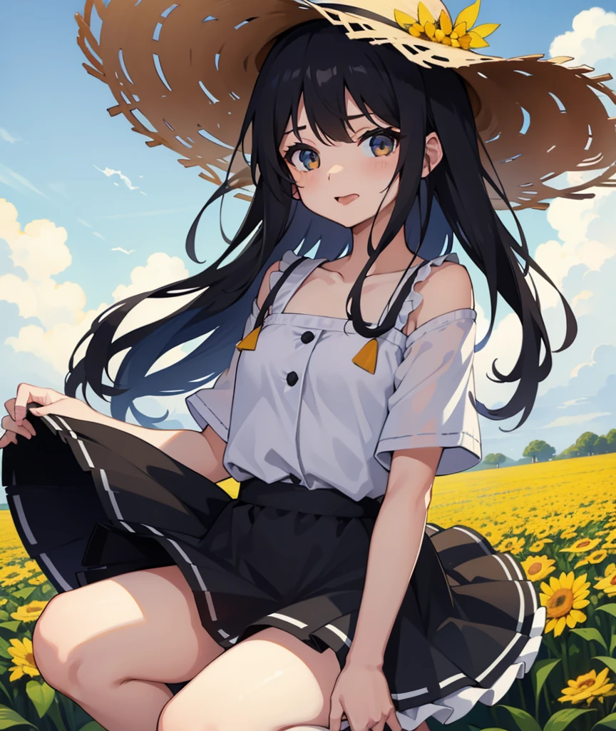 （Elementary school girl in the lower grades）（Gamine）（flat chest）（skinny limbs）（５Head and body）A dark-haired　A smile with a slightly open mouth　a straw fedora hat　White summer dress　Childish white panties with light blue horizontal stripes　sneakers　Corn field mae　squatting with legs slightly open　The wind is blowing　The skirt is twisted　Panties are visible