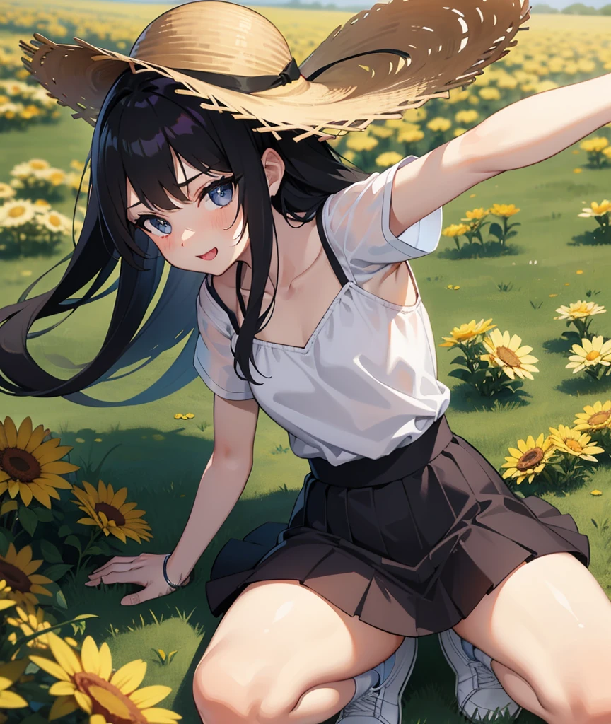 (Girls in the )(child)(Flat Chest)(Thin limbs)(5Hnd Body)Black-haired Laugh with your mouth slightly open Straw hat White Summer Dress ライトブルーの横縞模様のっぽい白いパンティー sneakers In front of the corn field squat with your legs slightly open The wind is blowing The skirt is twisted I can see your pants