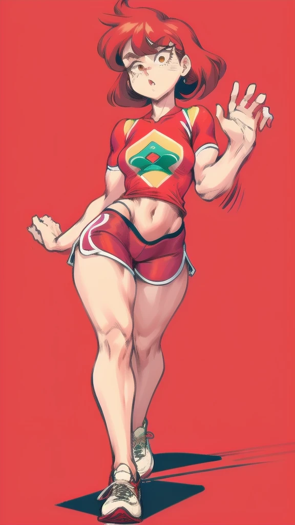 Full body image of Lynn Loud from The Loud House, full body in image, wearing her original outfit (red jersey, red shorts, red and white sneakers), short brown hair, female body, athletic and fit body, dynamic pose, detailed pose, simple background, expressive face showing determination, focus on face, line art, sketch