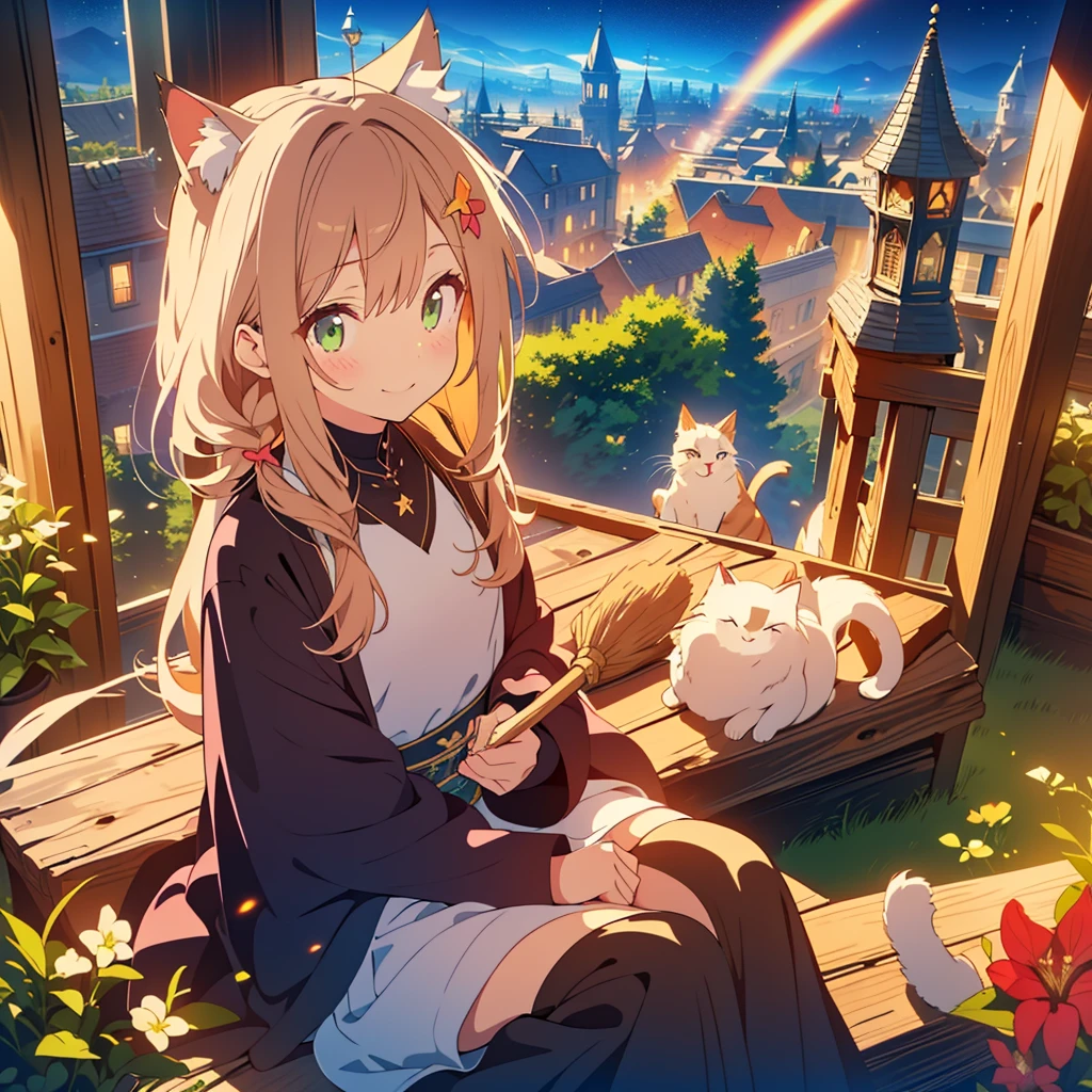 kawaii, anime, Cute, hyper quality, highly detailed, 8k, Front facing, Clarity, brown long hair, green eyes, smile, whole body, Cat ear, amaryllis, Close your eyes and smile with your mouth open, fly in the sky, good sisters, Cat ears stick out from the witch's hat, witch's black robe, fantasy, fog effect, particles of light, Uplifting, magically floating in the air, bird's eye view, flower blooming hill, colorful amaryllis, Cityscape lit with lights, starry sky, clock tower, iris, You can see the cityscape in the distance, fly in the sky with a broom, western witch, medieval cityscape, cape, amaryllis flower, magic effect, wizard's robe, cat ears, My sister has golden eyes,