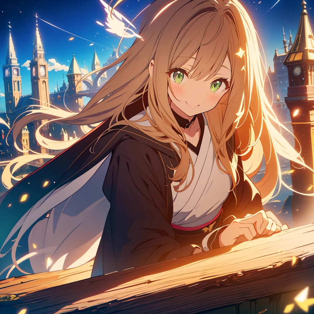 kawaii, anime, Cute, hyper quality, highly detailed, 8k, Front facing, Clarity, brown long hair, green eyes, smile, whole body, Cat ear, amaryllis, Close your eyes and smile with your mouth open, fly in the sky, good sisters, Cat ears stick out from the witch's hat, witch's black robe, fantasy, fog effect, particles of light, Uplifting, magically floating in the air, bird's eye view, flower blooming hill, colorful amaryllis, Cityscape lit with lights, starry sky, clock tower, iris, You can see the cityscape in the distance, fly in the sky with a broom, western witch, medieval cityscape, cape, amaryllis flower, magic effect, wizard's robe, cat ears, My sister has golden eyes,